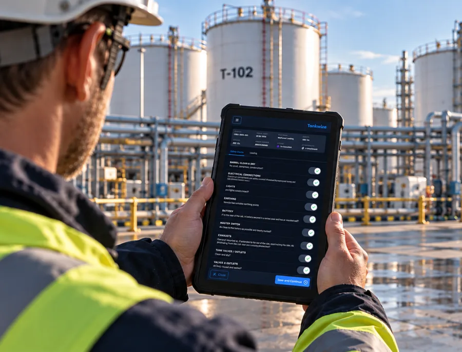Tankwise checklist workflow shown on an iPad at a tank terminal
